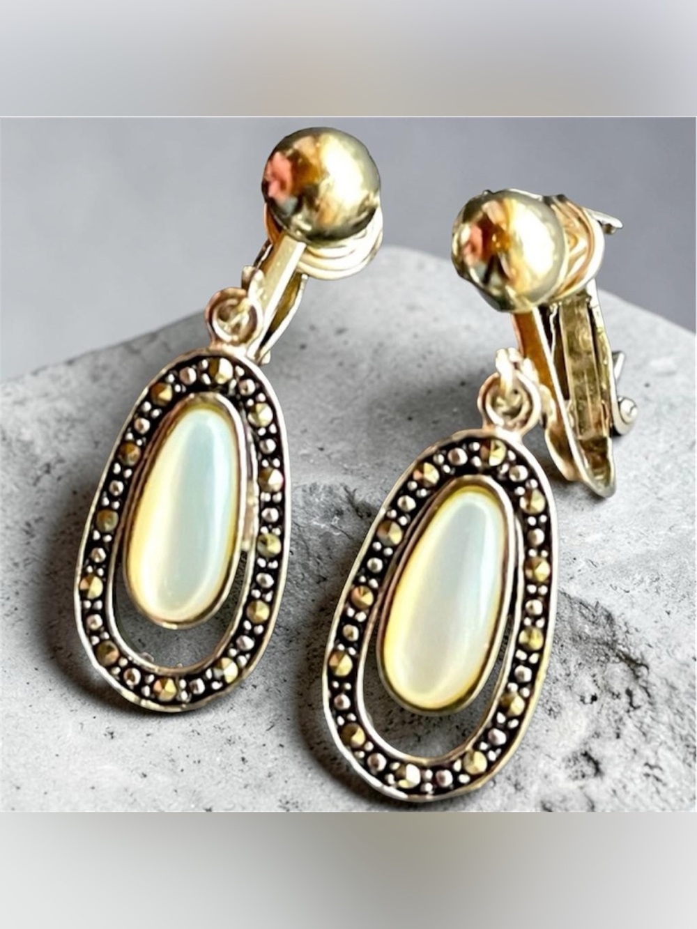 Signed MS 925 Mother of Pearl & Marcasite Clip-On Earrings